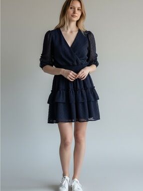 Altar'd State Navy Dot-Textured Wrap Mini Dress